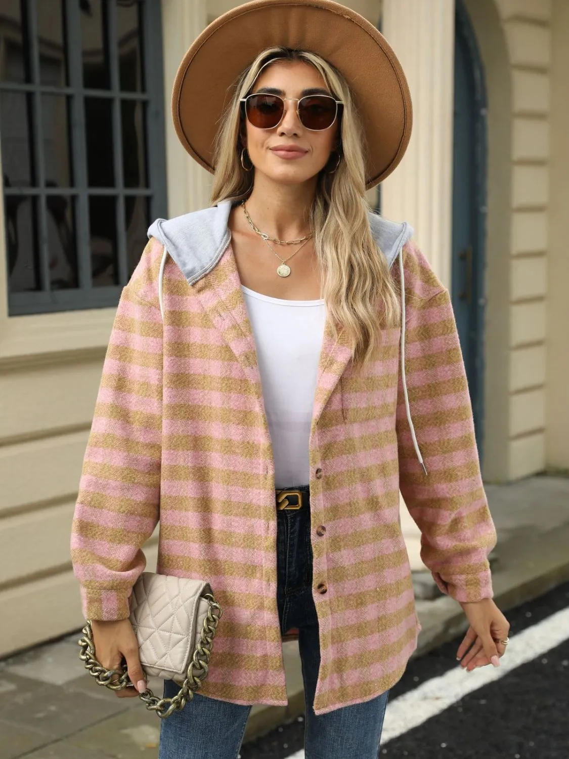 NicholesGifts Women Drawstring Plaid Long Sleeve Hooded Jacket