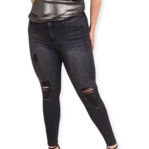 Plus Size Black Ripped Mid-Rise Skinny Jeans