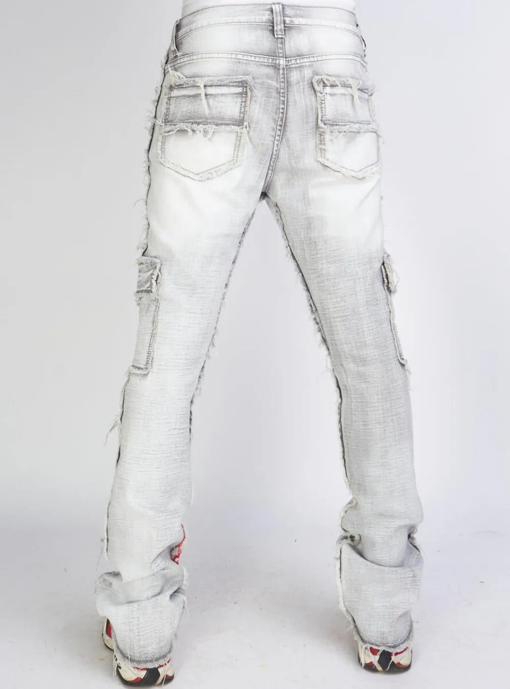 politics Stacked Frayed Cargos Jeans-Grey Wash