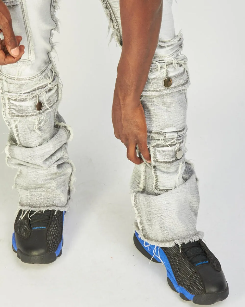 politics Stacked Frayed Cargos Jeans-Grey Wash