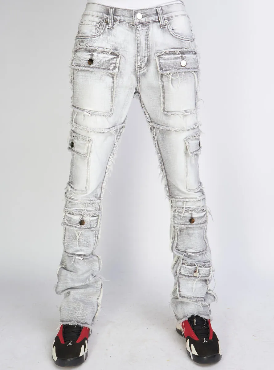politics Stacked Frayed Cargos Jeans-Grey Wash