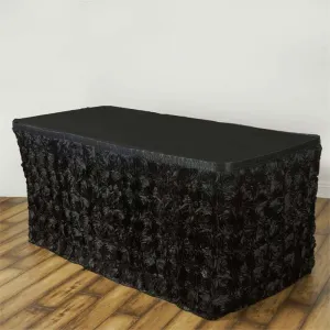 Rosette Satin Table Skirt 17ft Black 3D Floral Design for Sophisticated Event & Wedding Table Cover