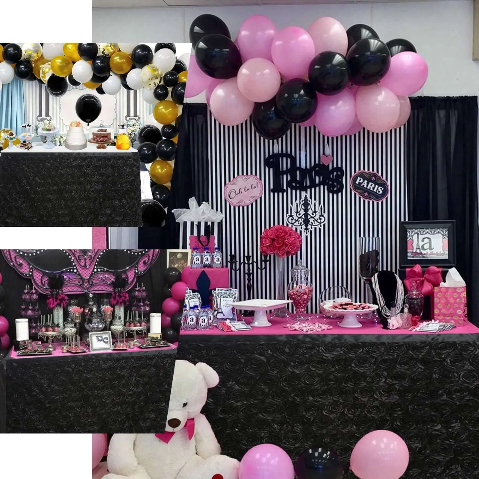 Rosette Satin Table Skirt 17ft Black 3D Floral Design for Sophisticated Event & Wedding Table Cover