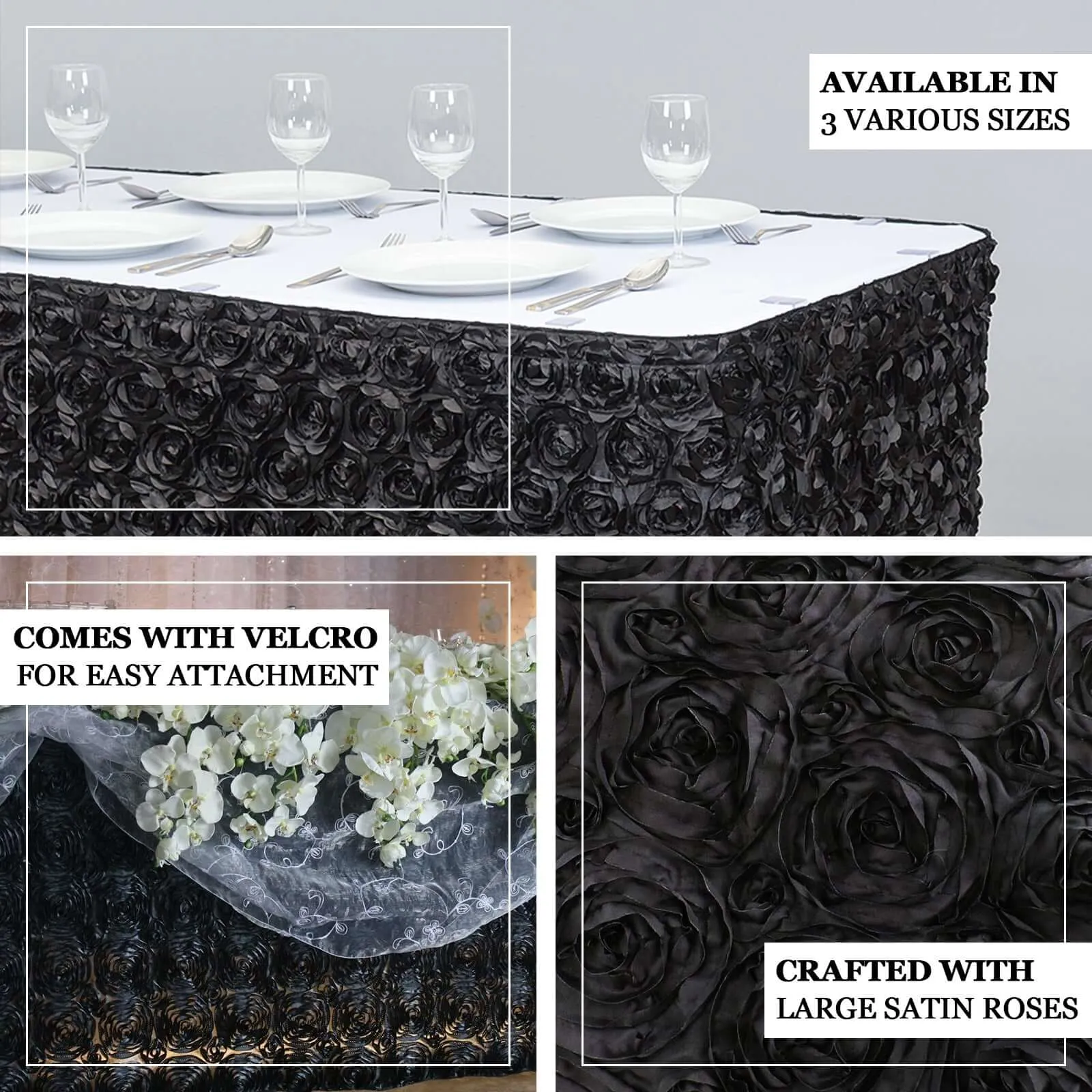 Rosette Satin Table Skirt 17ft Black 3D Floral Design for Sophisticated Event & Wedding Table Cover