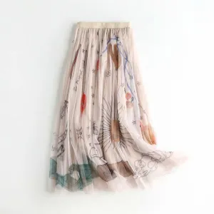 Women Mesh Tulle Skirts Elastic High Waist Graffiti Print Long Skirts Female A-line Pleated Skirts Saias Femme Maxi Skirts