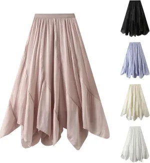 Women's Chiffon Flowy Long Skirt Asymmetrical Hem Elastic Waist Beach Skirts Lightweight Summer Casual Maxi Dress