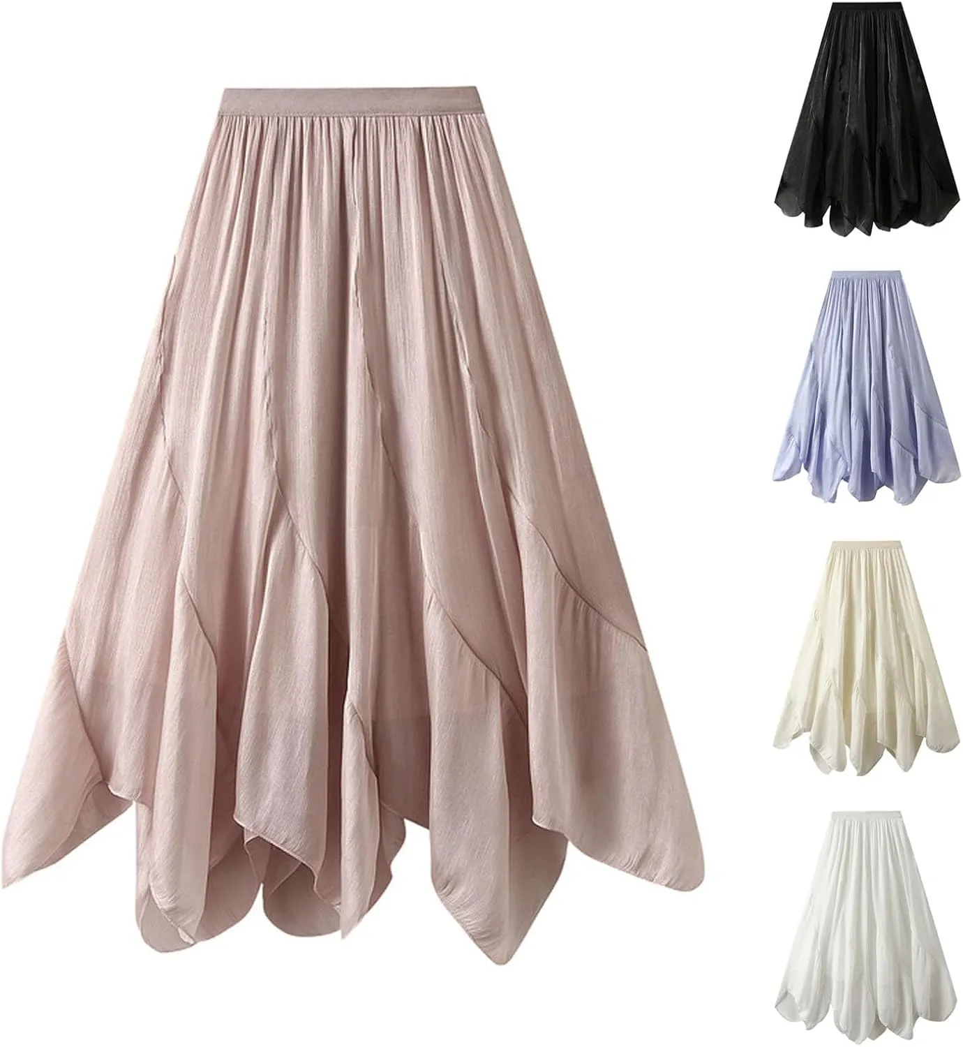 Women's Chiffon Flowy Long Skirt Asymmetrical Hem Elastic Waist Beach Skirts Lightweight Summer Casual Maxi Dress