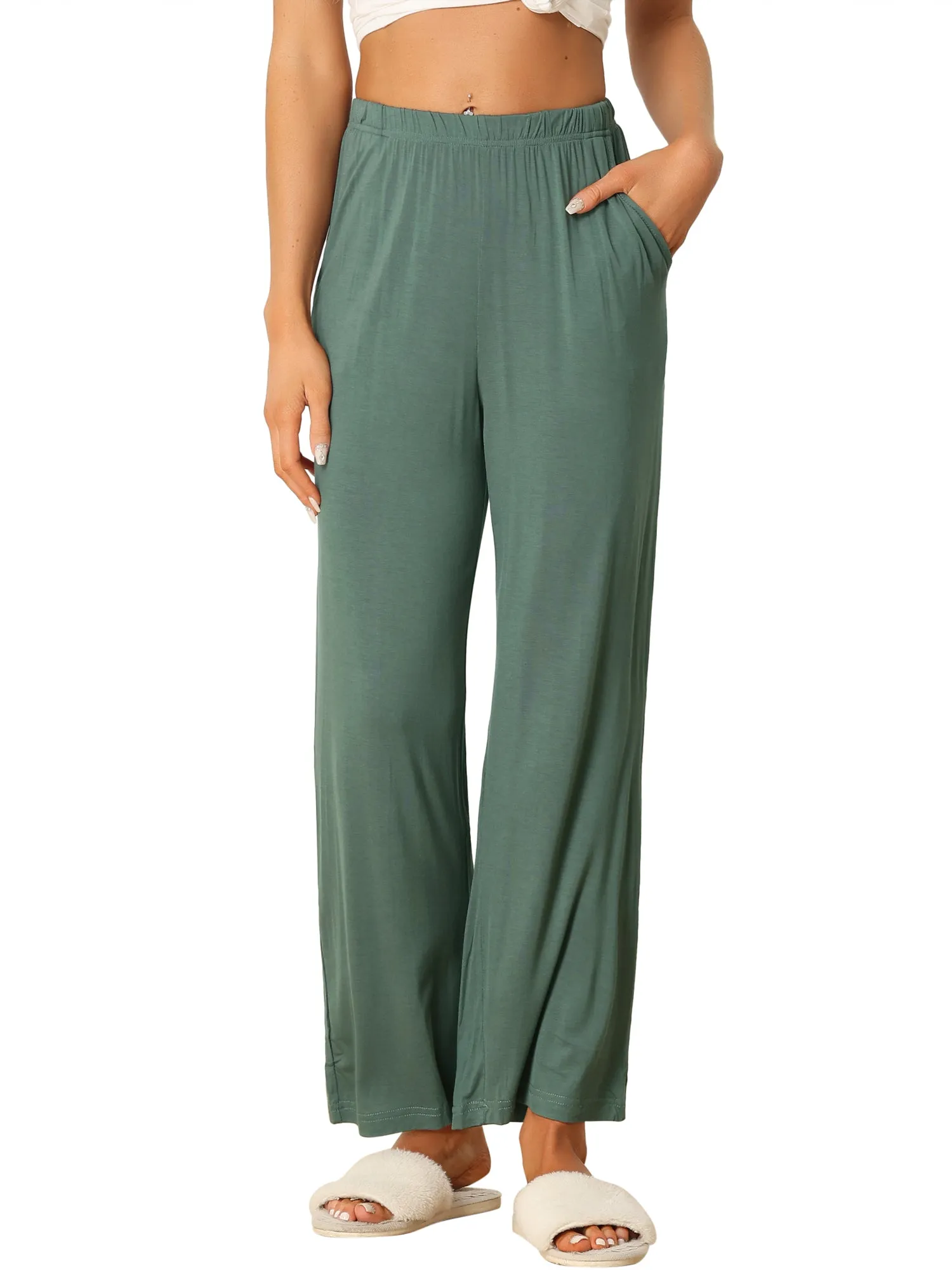 Womens Cotton Elastic Waist Wide-Leg Straight Pants Sleepwear with Pockets