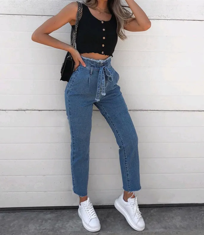 Women's Fashionable High Waist Belted Jeans - GlamzLife