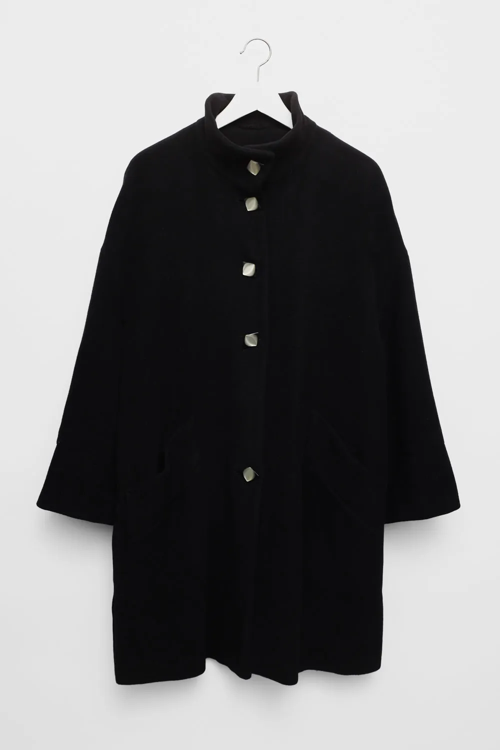 WOOL BLACK OVERSIZE MIDI COAT WITH BOLD BUTTONS