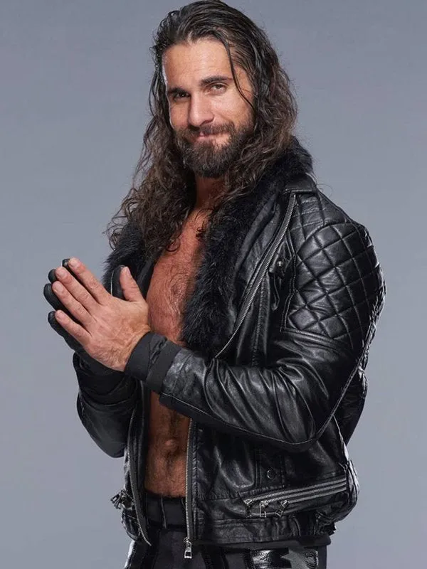 WWE Seth Rollins Faux Shearl Coller Stylish Black Leather Jacket by TJS